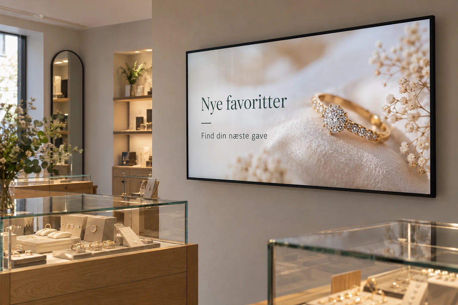 Smykker og gaveidéer på en skærm i butikken